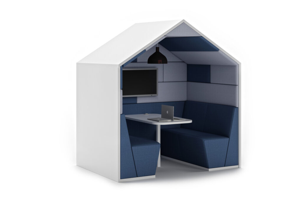 SES 06 Session acoustic meeting booth with blue modular seating and table with laptop