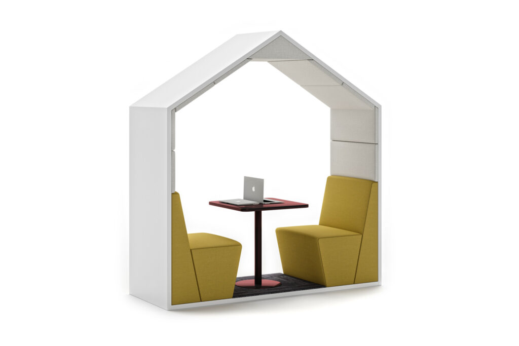 SES 07 Session acoustic office pod with two modular seating units and a meeting table