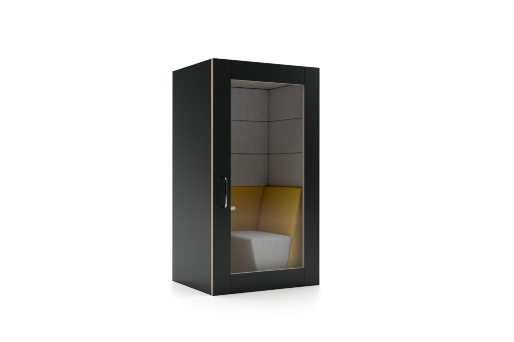 Session acoustic phone booth with internal seating and table