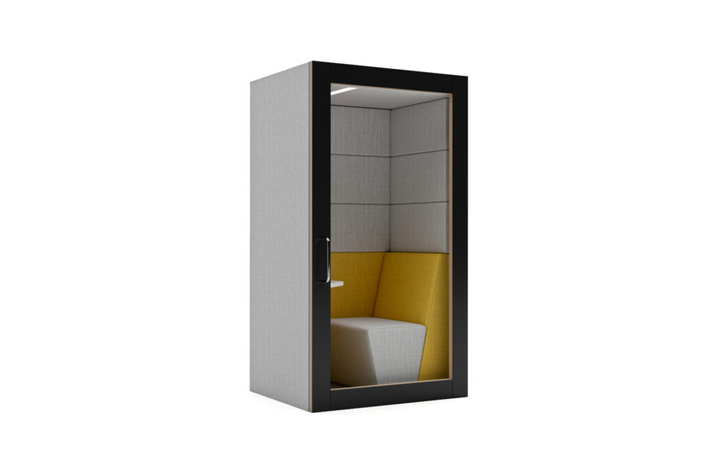 Session acoustic phone booth with internal seating and table