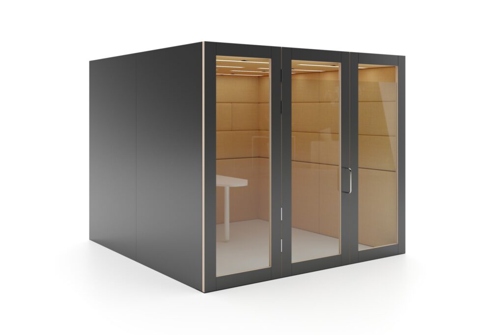 Session acoustic meeting pod with internal table and upholstered panels