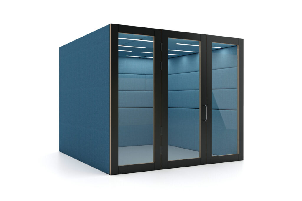 Session acoustic office meeting pod with glass doors and blue upholstered panels