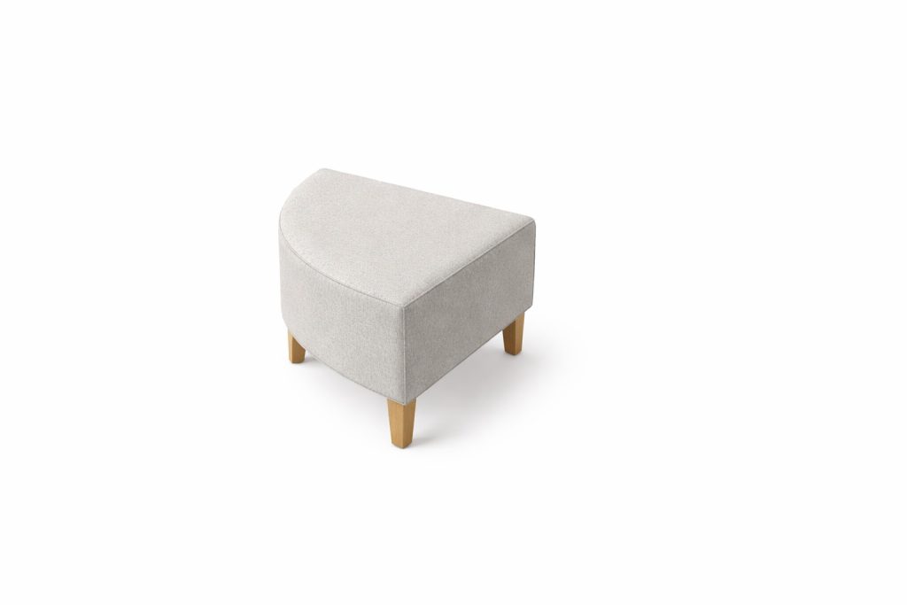 Modular breakout seating, light fabric quarter-circle stool with wooden legs.