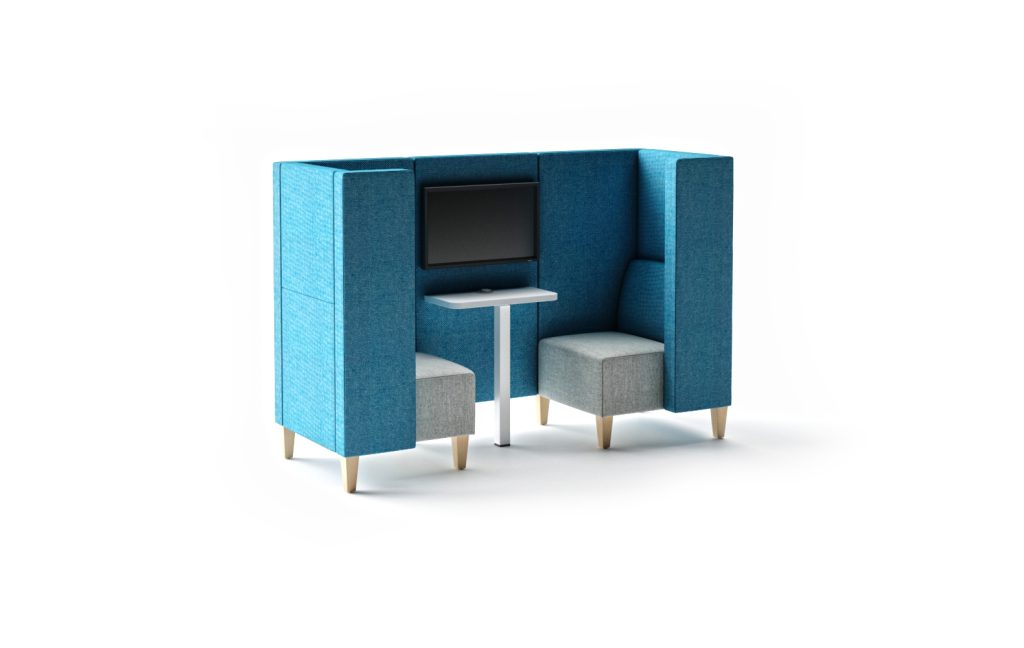 Modular breakout seating unit with high fabric panels, two seats, a small table, and a screen.