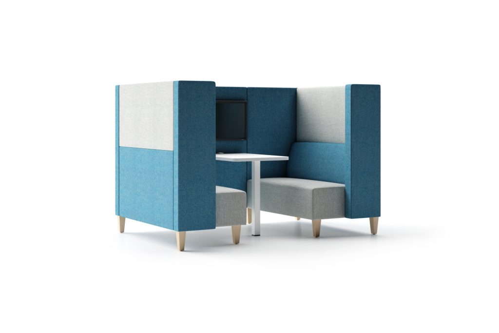 Modular breakout booth with integrated screen and table, two-tone fabric panels, and light wood legs.
