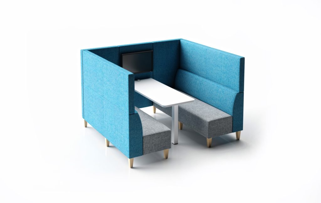 Modular breakout booth with blue fabric high back, grey seating, white table, and integrated screen.