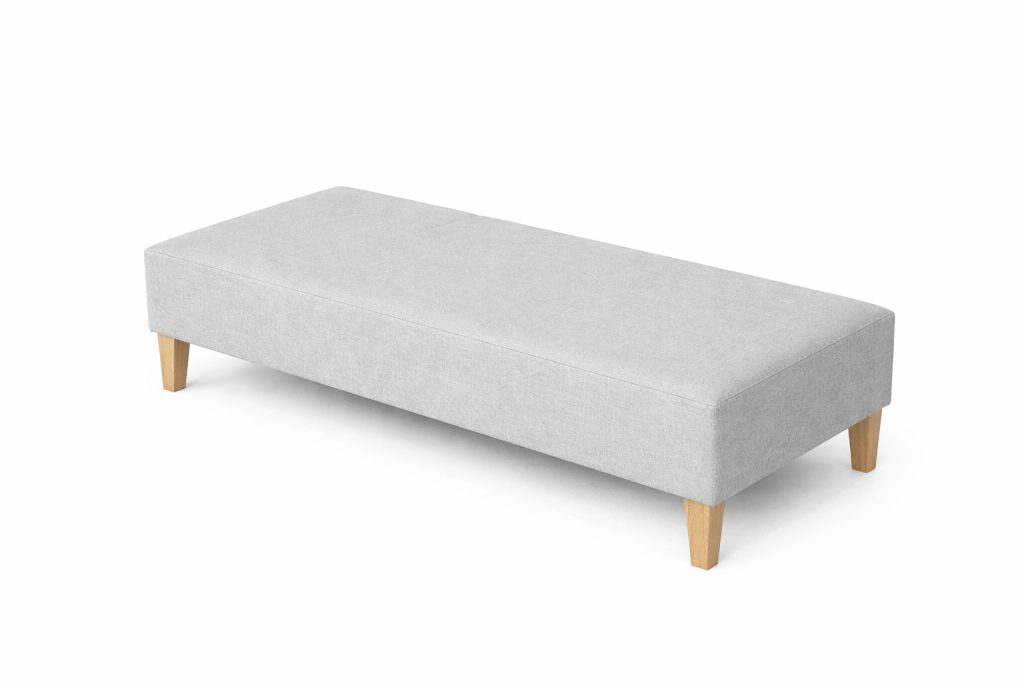 Rectangular upholstered bench with wooden legs, suitable for breakout or reception areas.