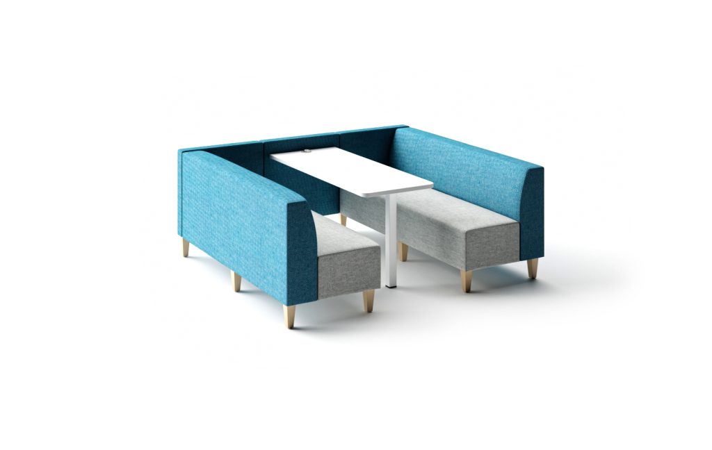 Modular breakout seating with high backs and low seats, light blue and grey, with a white table.