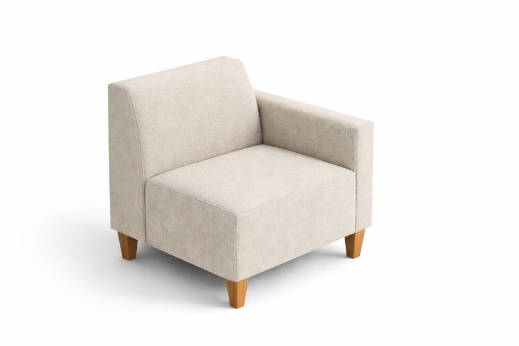 Modular breakout seating unit with one armrest and wooden legs.