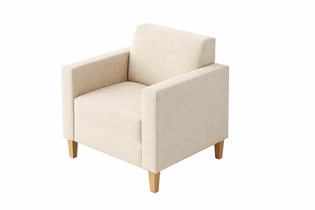 Cream fabric armchair with light wood legs, suitable for reception or breakout seating.