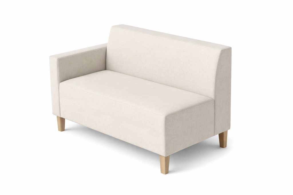 Modular breakout seating with a high back and one armrest, on light wooden legs.