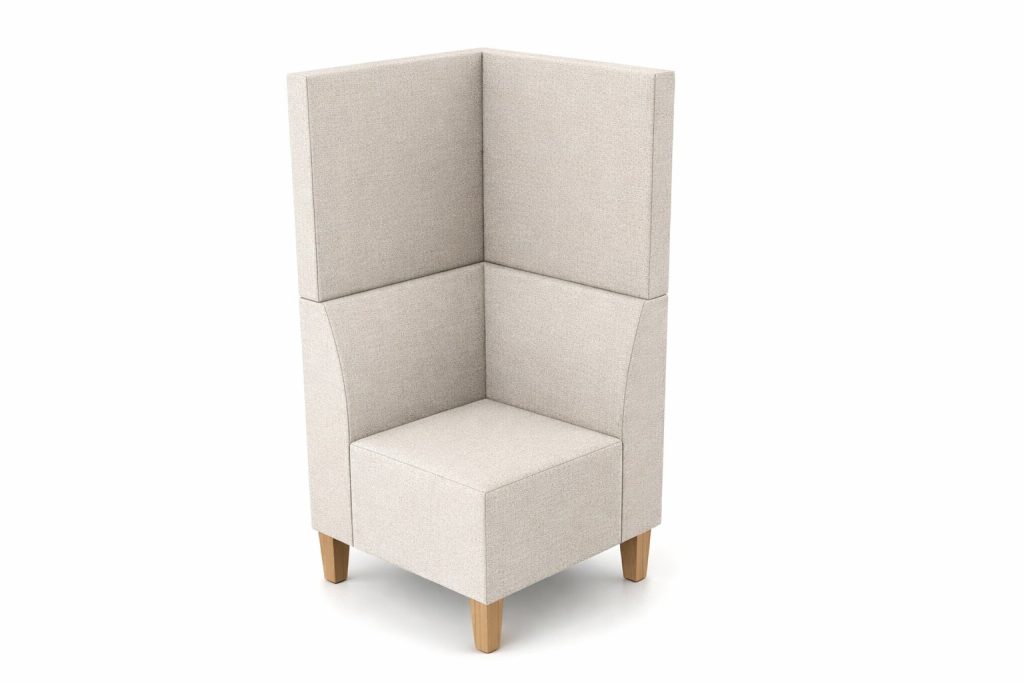Corner modular breakout seating unit with high back and wooden legs.