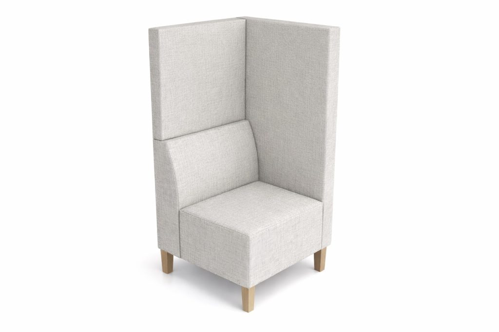 Modular breakout seating unit with high back and side panels, light upholstery, and wooden legs.