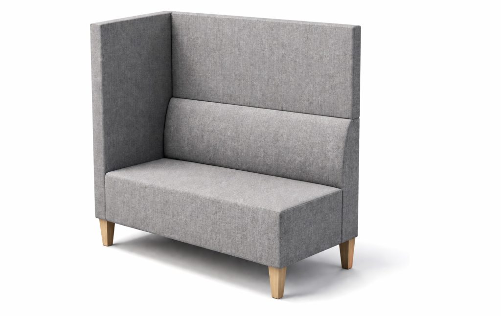Modular breakout seating with high back and side panel, light wood legs.