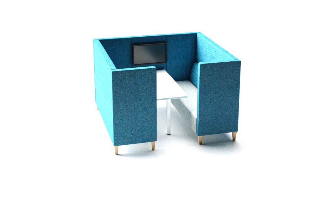 Modular breakout seating booth with high sides, integrated table, and screen