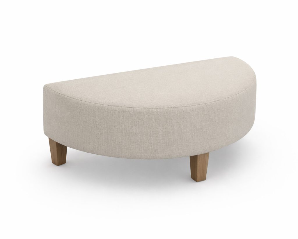 Half-moon modular breakout seating unit with wooden legs, suitable for reception or education spaces.