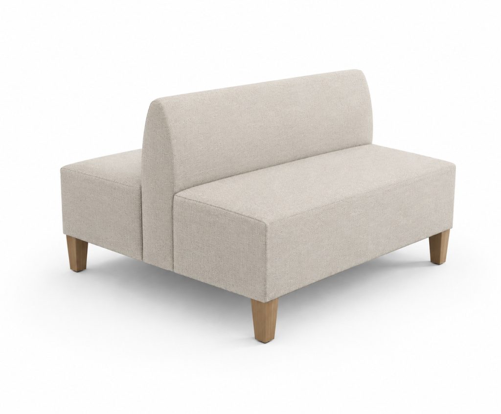 Modular breakout seating unit with a high back and wooden legs, for office reception or education spaces.