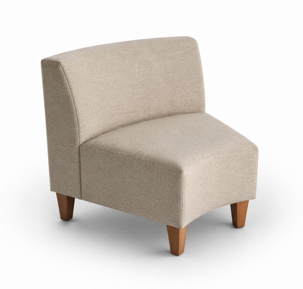 Modular breakout seating with a curved back and wooden legs, on a white background.