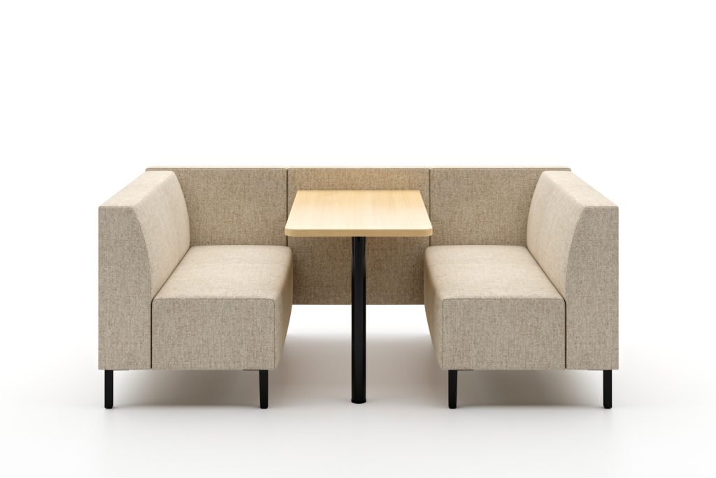 Modular breakout seating with a light wood table between two upholstered benches on black legs.