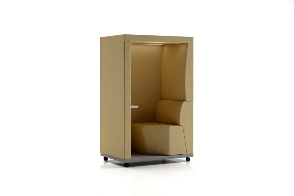 THI 02 Thinkpod acoustic phone booth with integrated seating and table