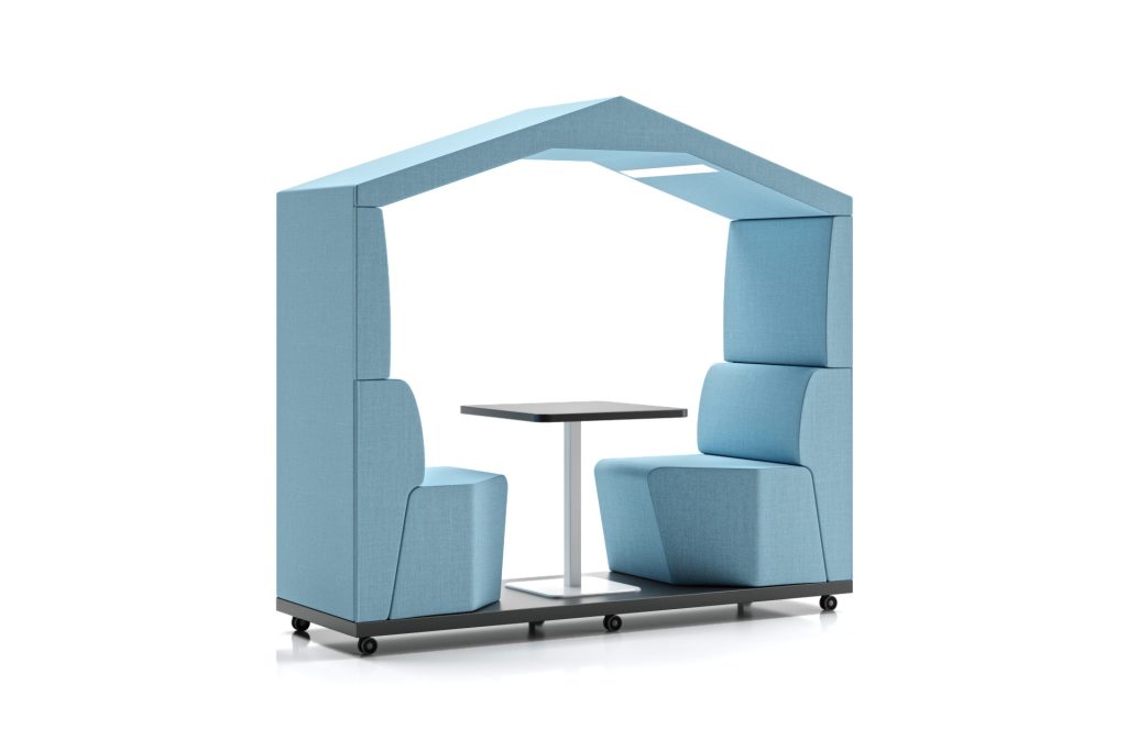 THI 12 Thinkpod acoustic meeting booth with integrated seating and table on casters