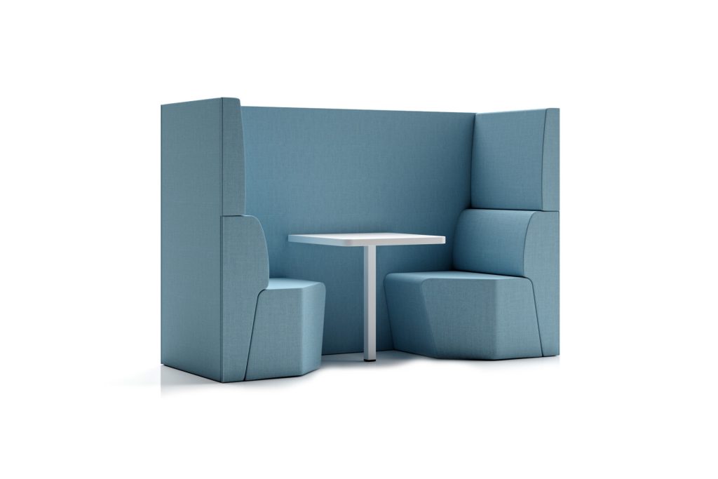 Modular breakout seating booth with high backrests and a small white table in the middle