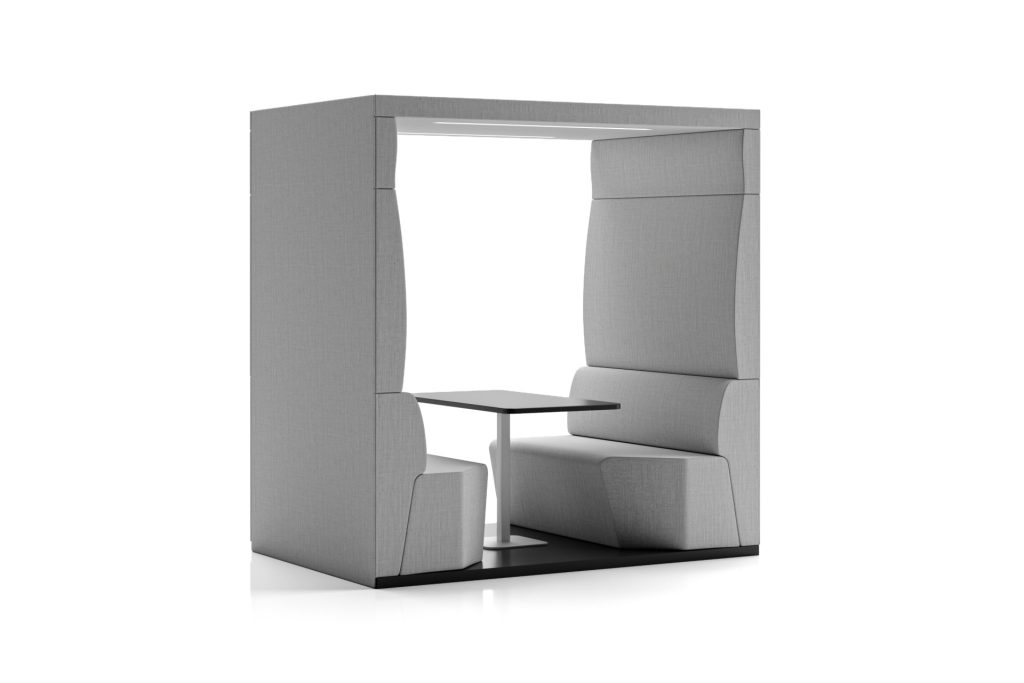 Thinkpod acoustic office pod with integrated seating and table, on a dark base.