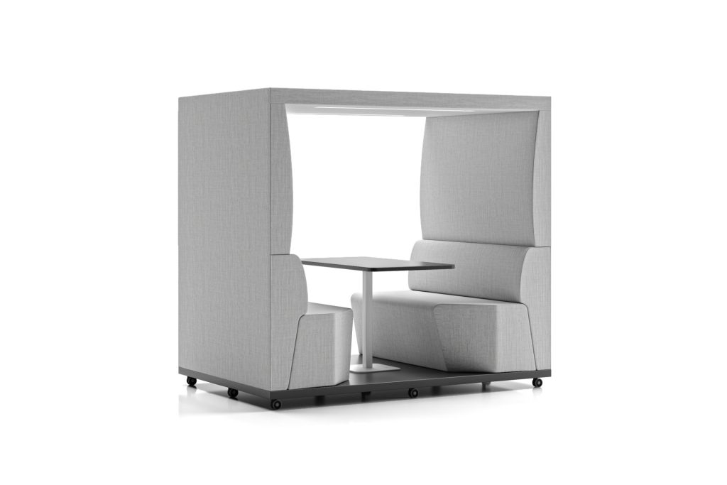 Modular breakout booth with seating, high backrests, and a central table, on casters.