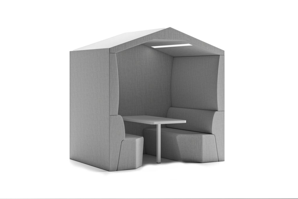 Thinkpod acoustic office booth with integrated seating, table, and roof lighting.