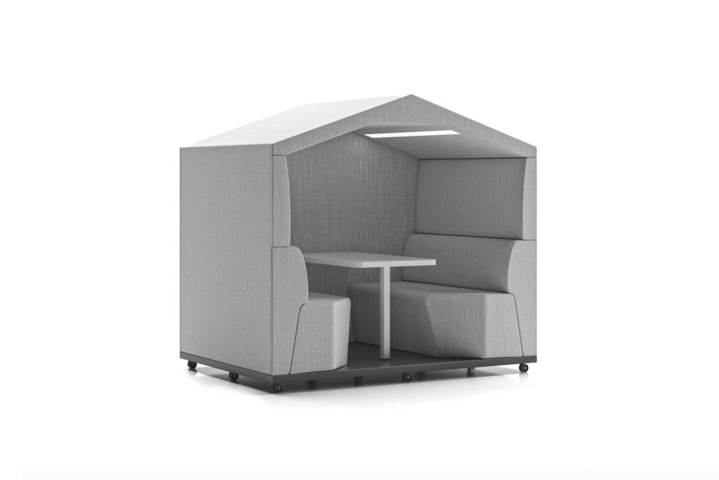 Thinkpod acoustic office pod with pitched roof, integrated lighting, seating, and table on wheels.