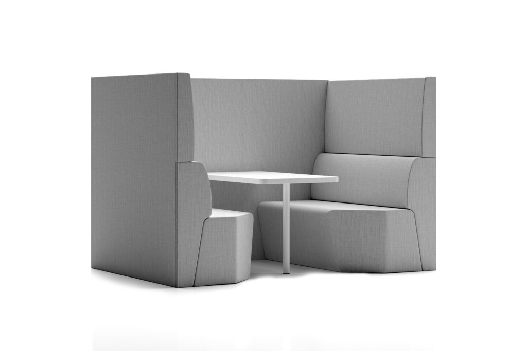 High-back modular breakout seating booth with a white table, for office or education spaces.