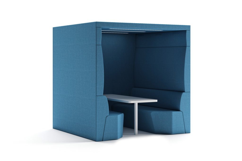 Thinkpod acoustic office pod with integrated table and seating for breakout spaces.