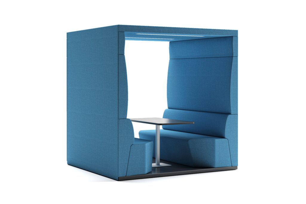 Acoustic office pod with blue fabric, two benches, and a small table.