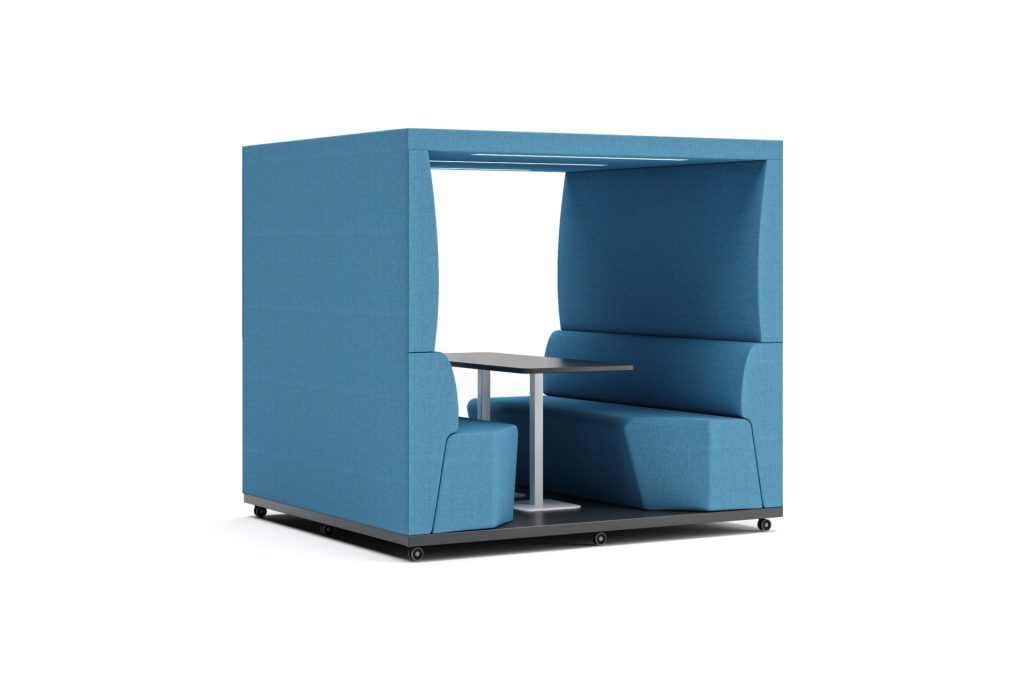 Modular acoustic office pod with integrated seating and table, on wheels, for breakout spaces.