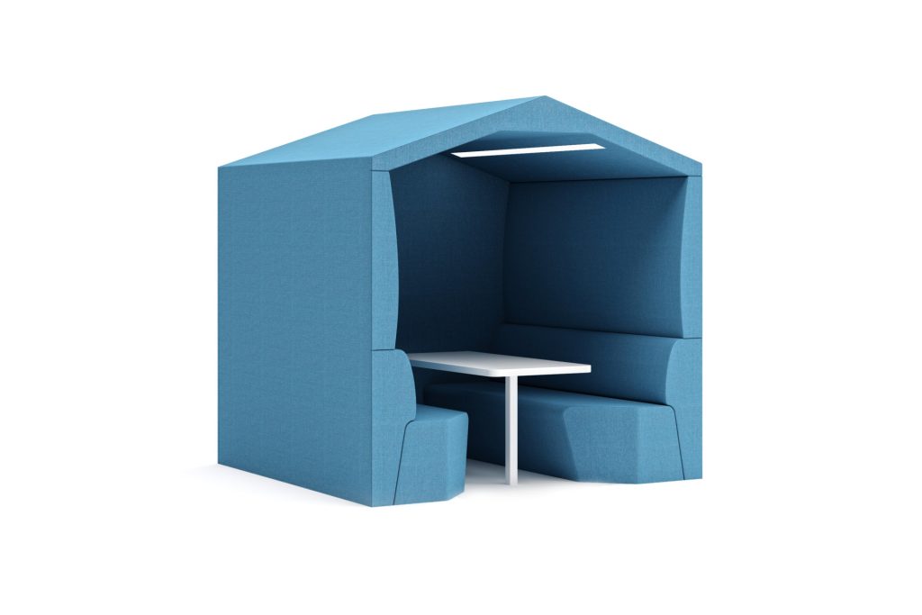 THI 21 acoustic office pod with pitched roof, integrated lighting, seating, and table.