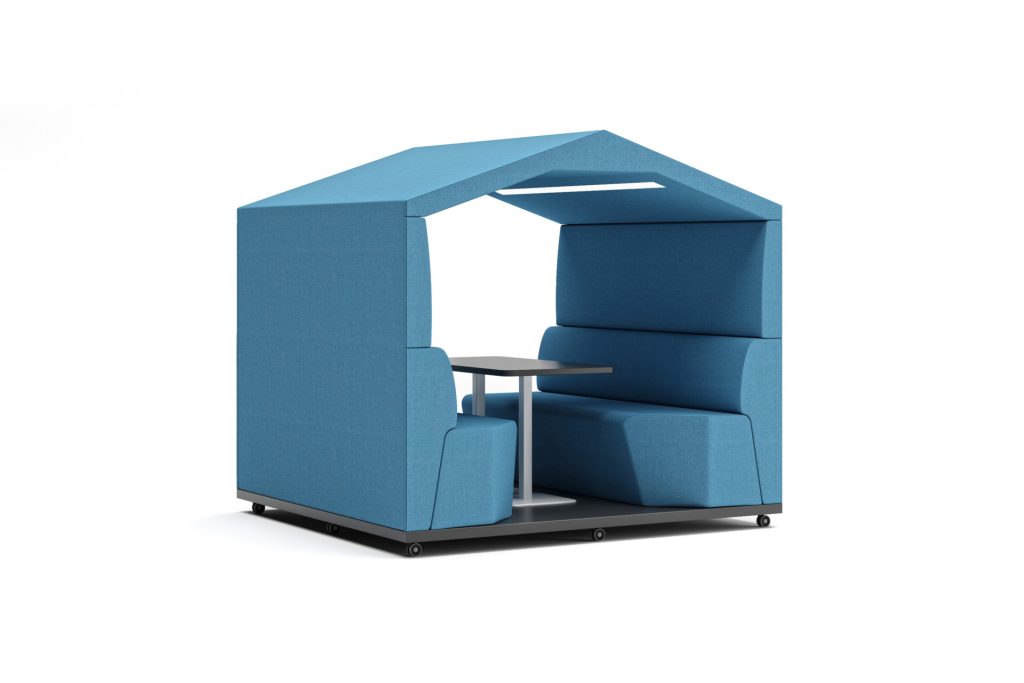 Modular breakout booth with seating and table, integrated lighting.