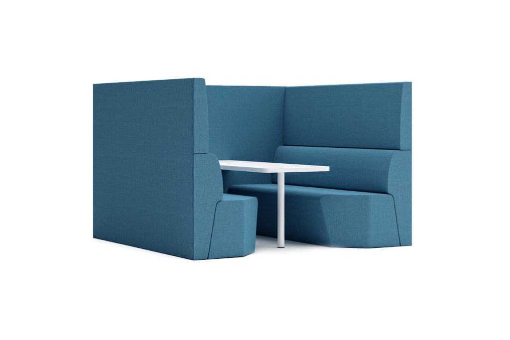 Modular breakout booth with high back seating and a central table, for office or education spaces.