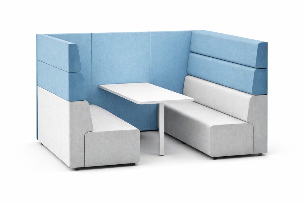 Ally modular breakout seating with integrated table, light blue and grey upholstery