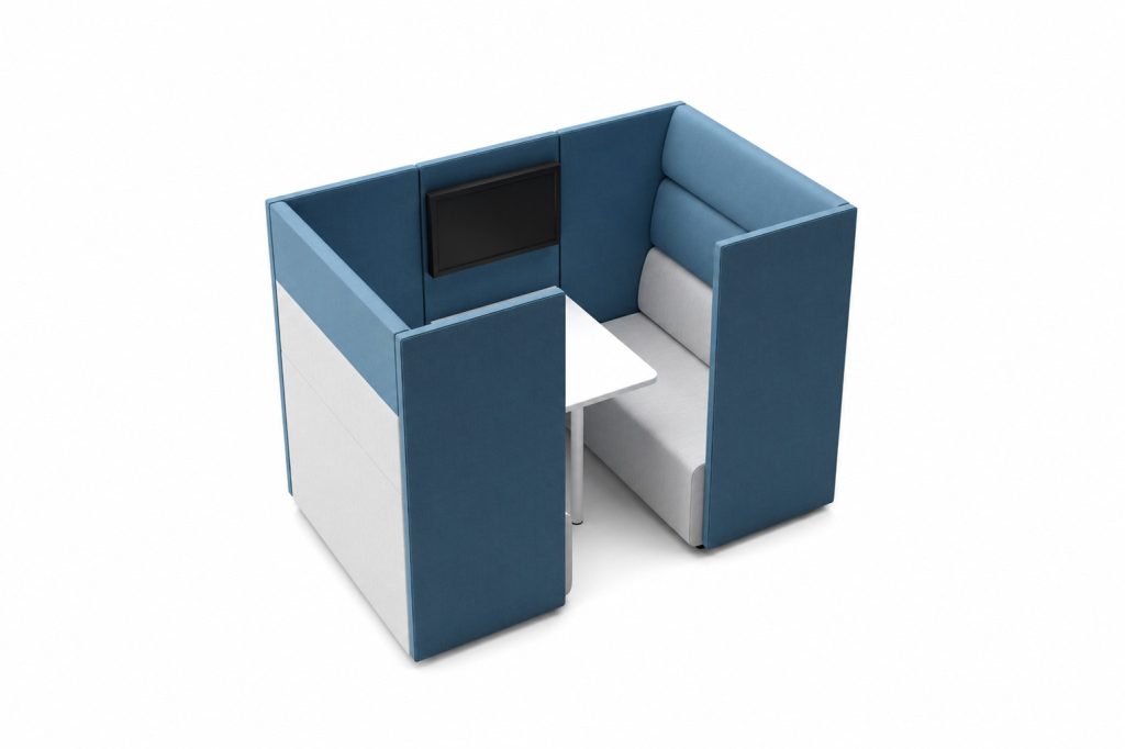 Ally acoustic meeting booth with modular seating, table, and screen mount