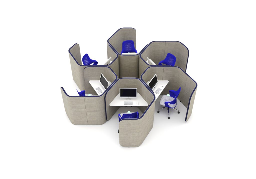 Hexagonal arrangement of Flexi Hex acoustic office pods with desks and chairs
