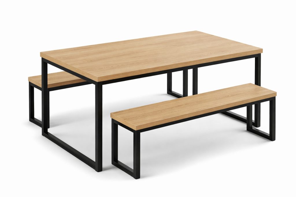 MOR 03 breakout office table and two benches with light wood tops and black metal frames