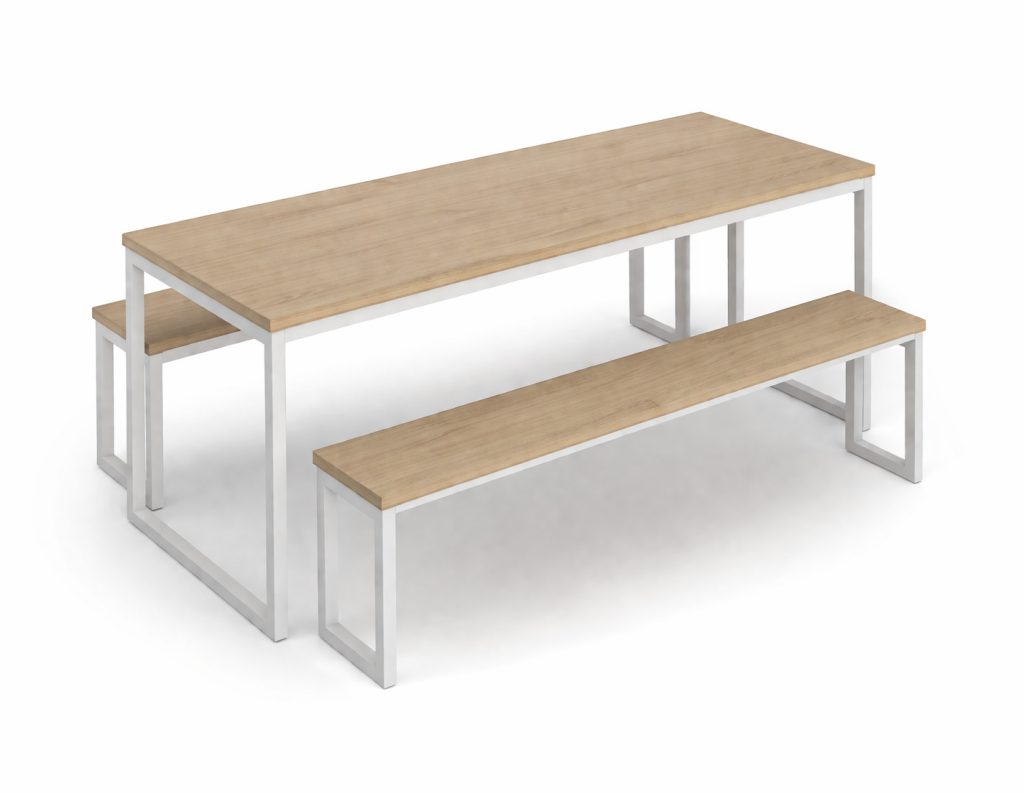 MOR 03 office breakout table and bench seating with light wood tops and white metal frames
