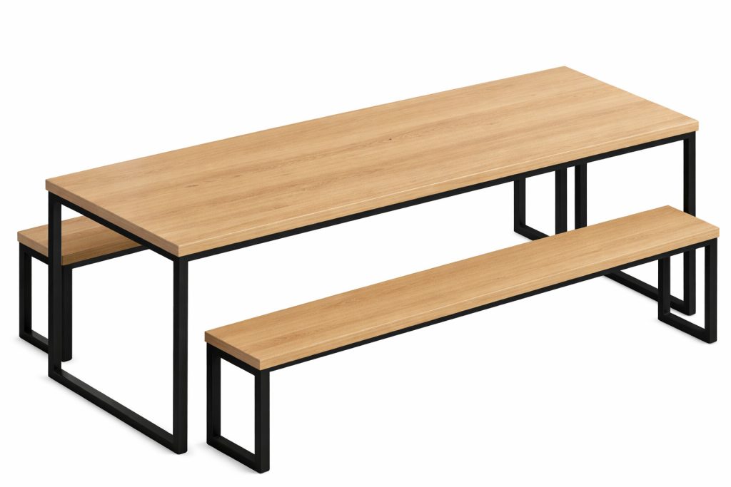 MOR 03 breakout office table and bench with black metal frame and light wood tops