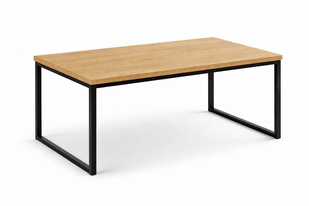 Mor office table with light wood top and black metal frame on white background
