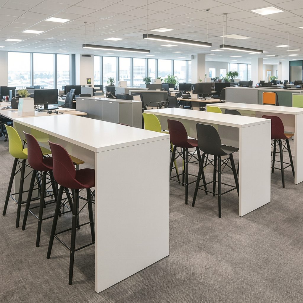 Mor high breakout table with bar stools in an open-plan office environment