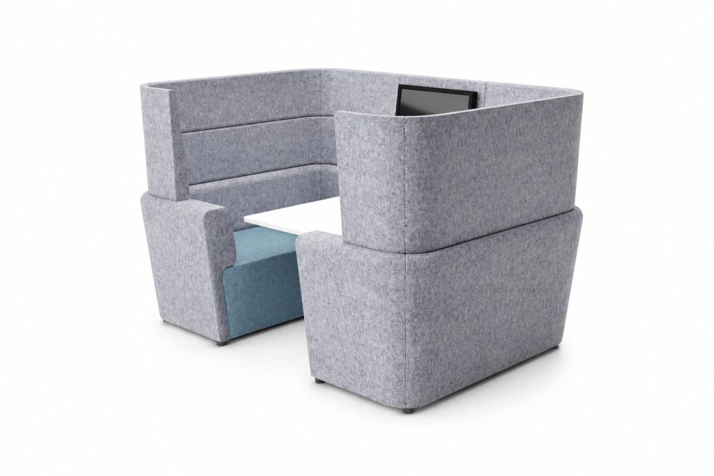 NAL 24 modular breakout seating with integrated table and screen, on white background